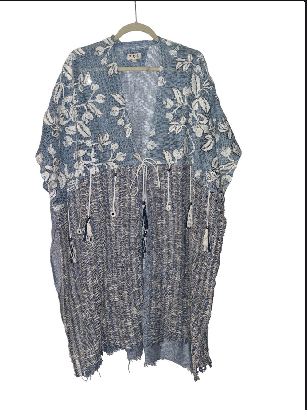 POL Powder Blue Loose Weave Tassel Midi Cardigan